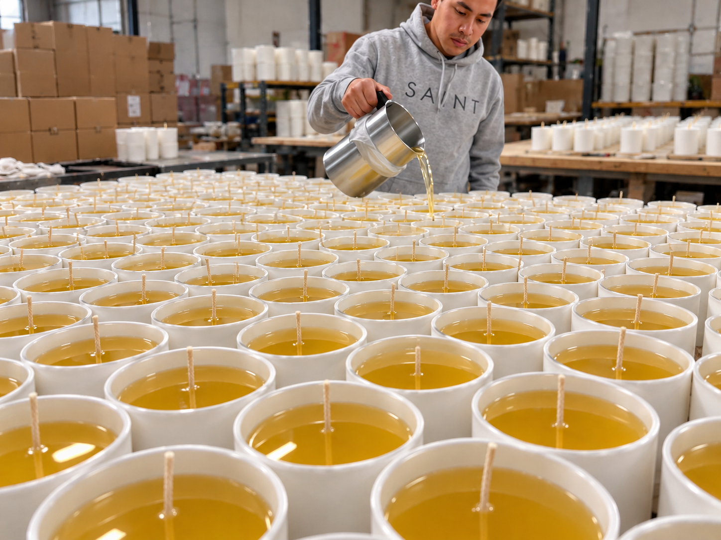 Wax being poured by hand into rows of candle vessels on the production floor