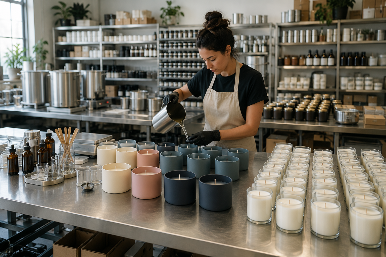A candle maker pouring wax into vessels on a production workbench