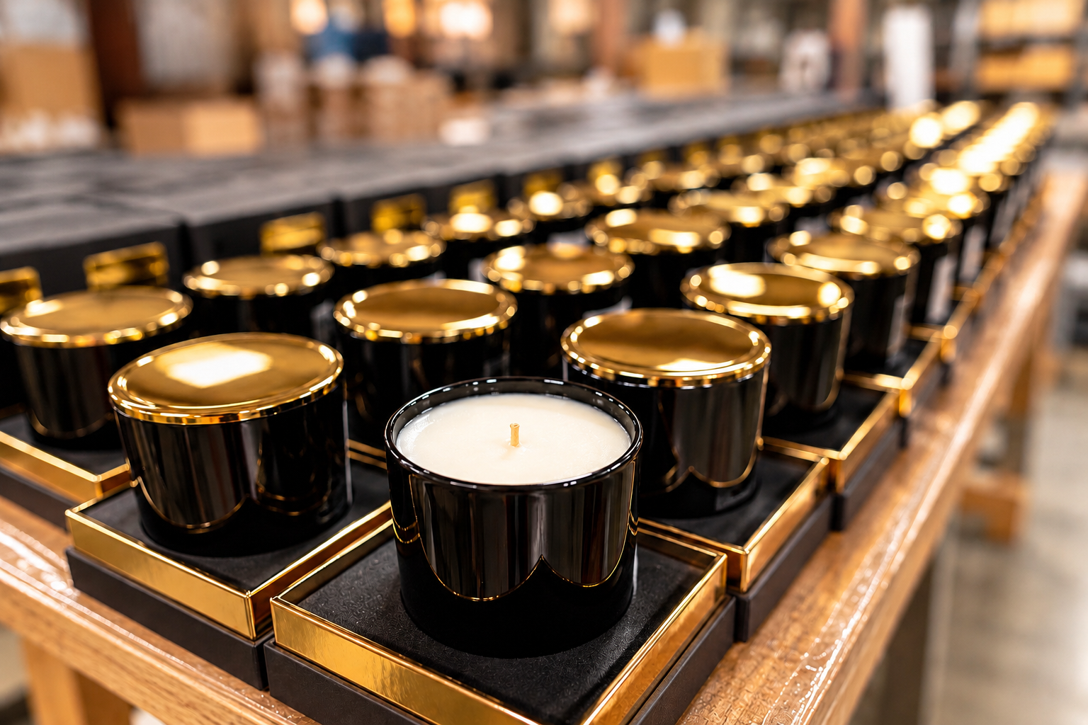 Rows of finished black and gold candles lined up on the production bench