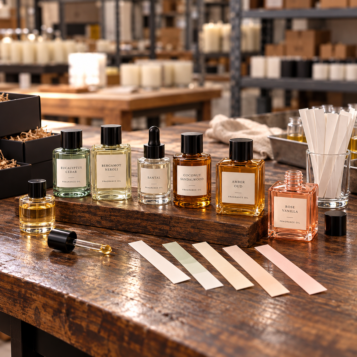 Custom fragrance oils and scent samples on the blending table