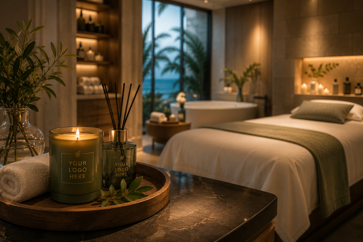 Candle and reed diffuser in a serene spa treatment room
