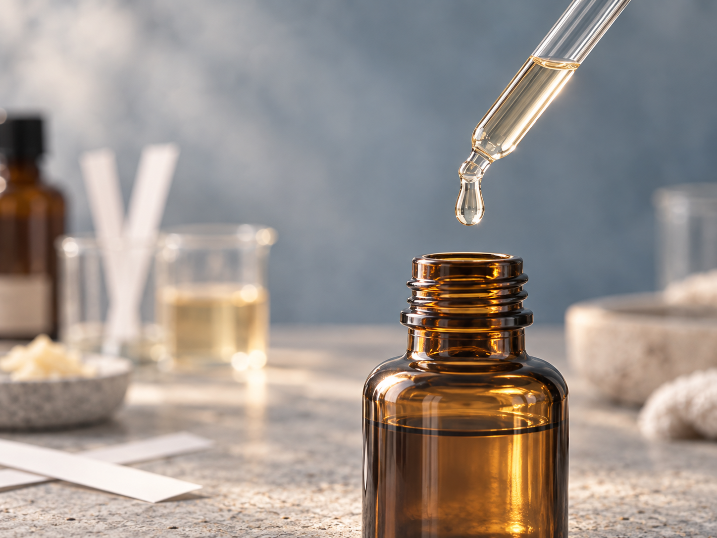 A dropper adding fragrance oil into an amber bottle on a formulation bench