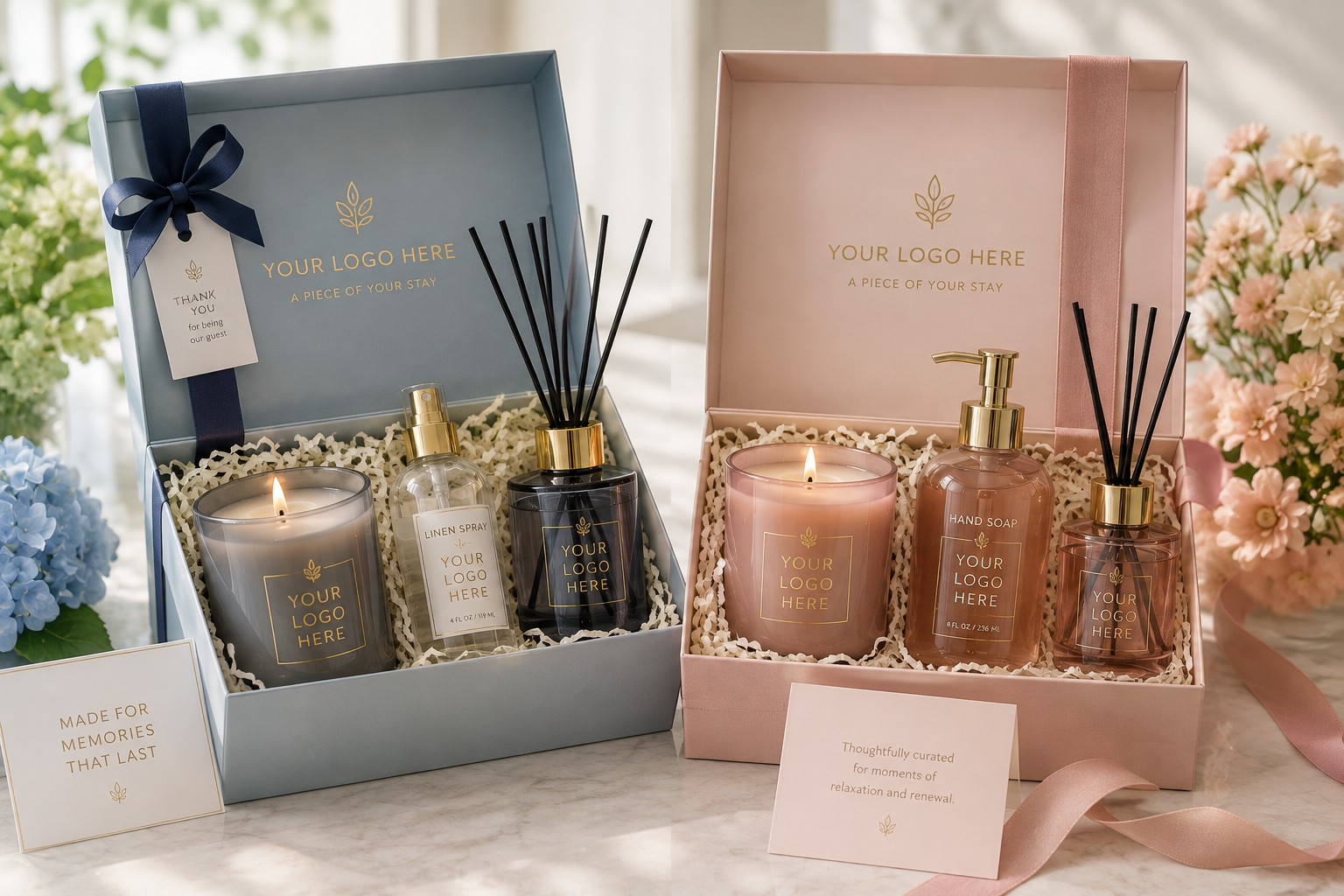 Branded gift sets with candles, diffusers and sprays in presentation boxes