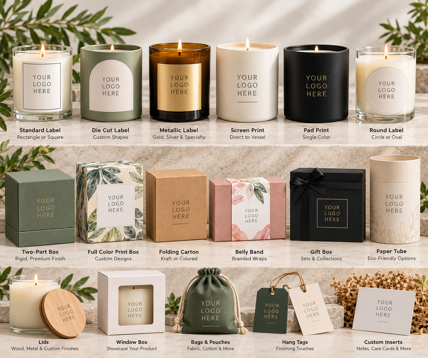 Packaging options: two-part boxes, full color print boxes, folding cartons, belly bands, gift boxes, paper tubes, lids, window boxes, bags and pouches, hang tags and custom inserts