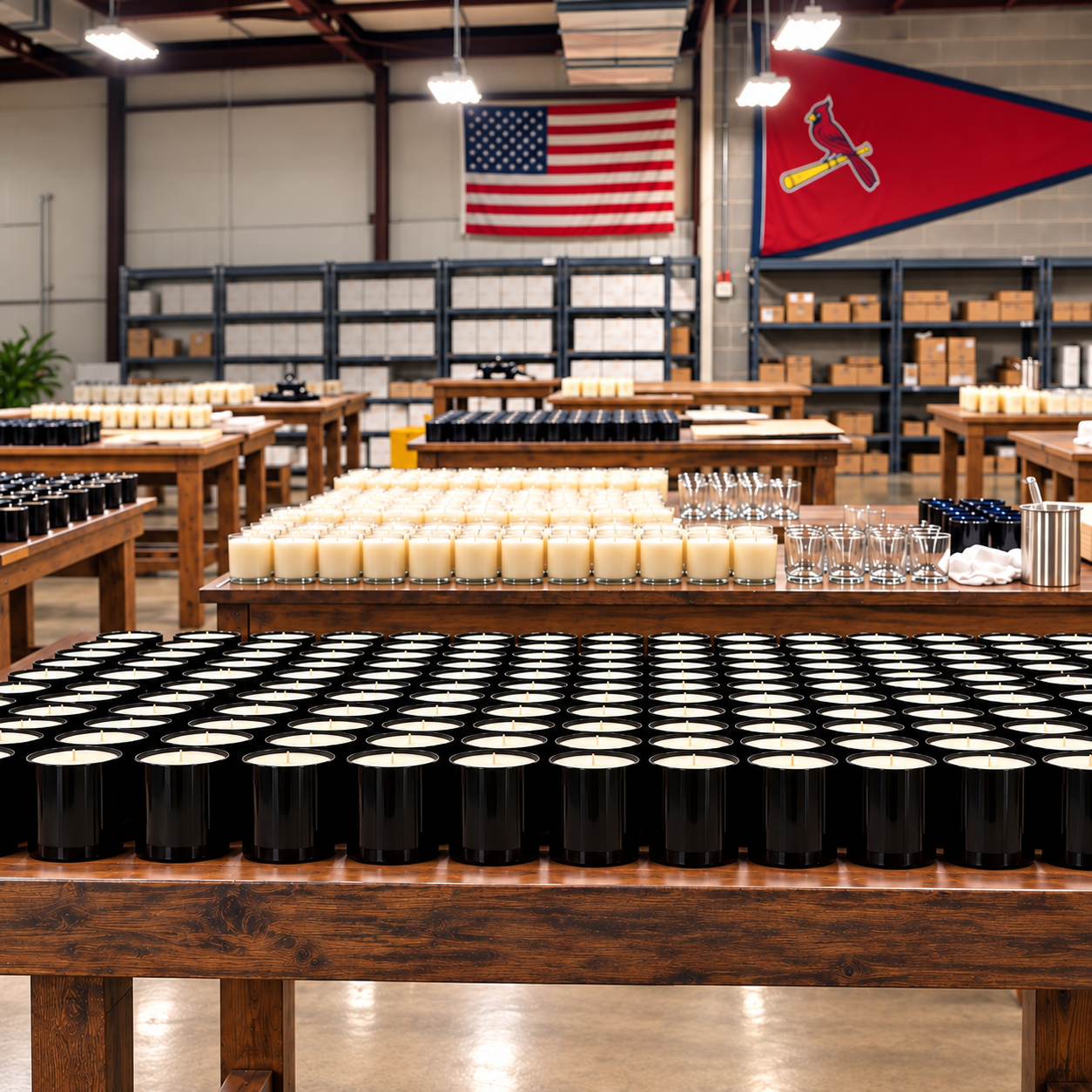 Rows of candles curing on wooden tables across the warehouse floor