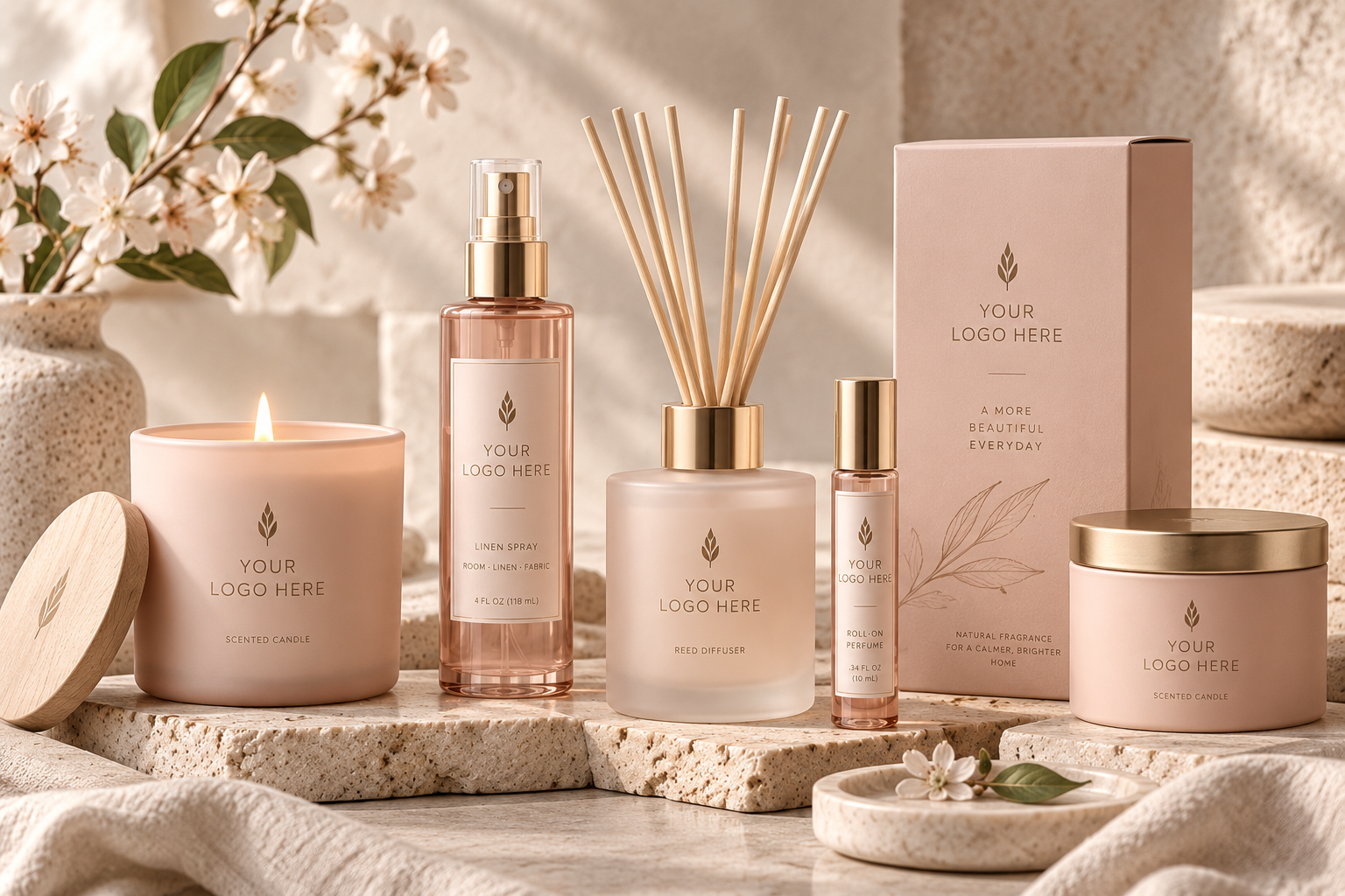 A complete private label collection including candles, room spray, reed diffuser, roll-on perfume and custom packaging