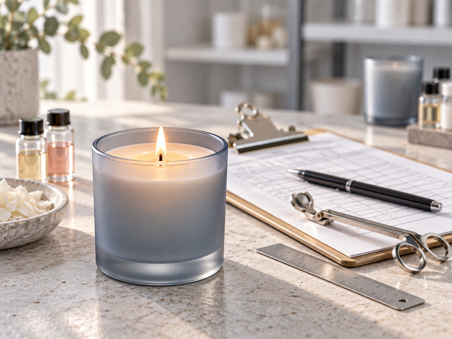 A test candle burning beside a burn-test log, wick trimmer and ruler