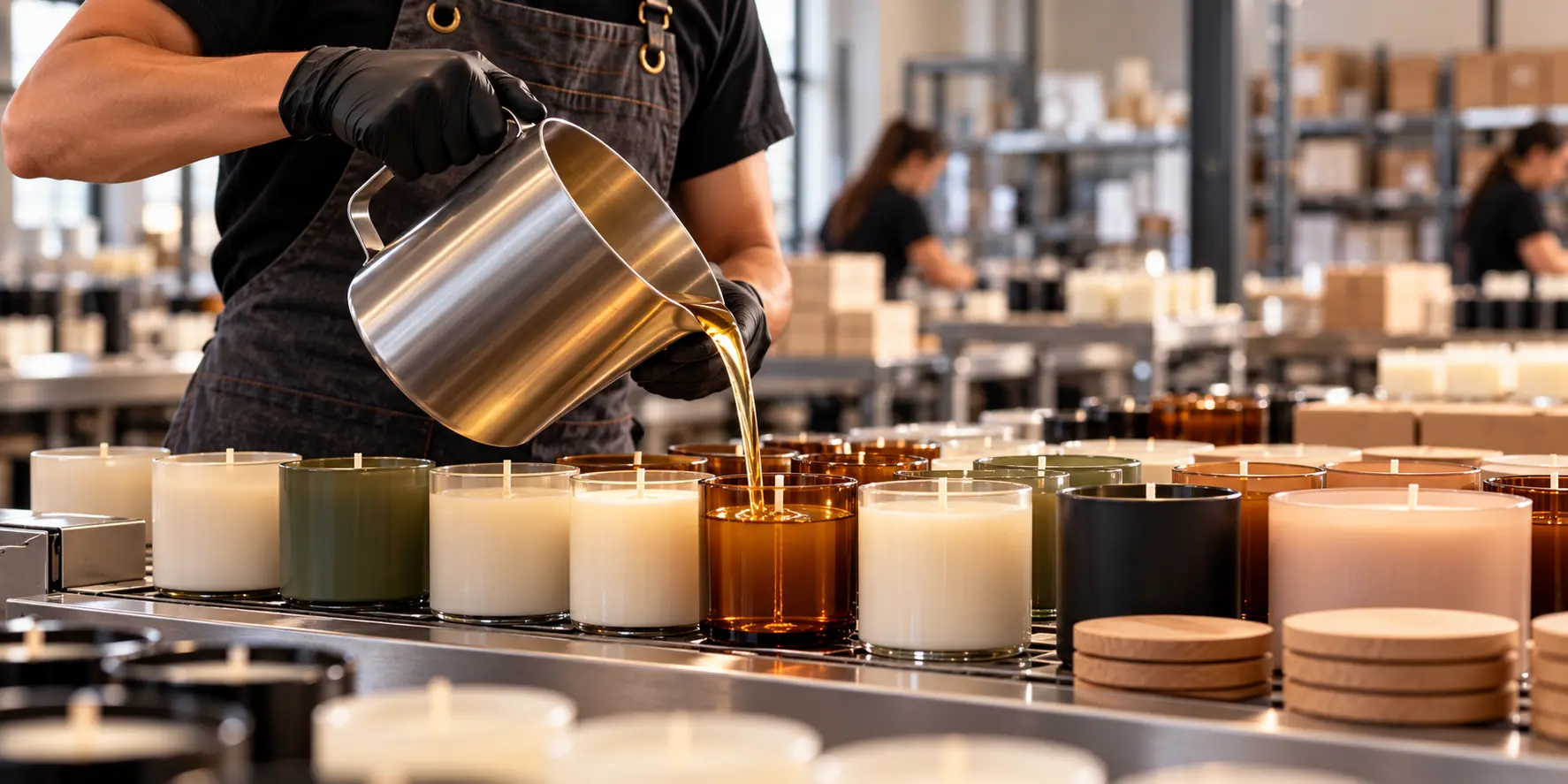 A production team member pouring wax into rows of private label candles on the manufacturing line