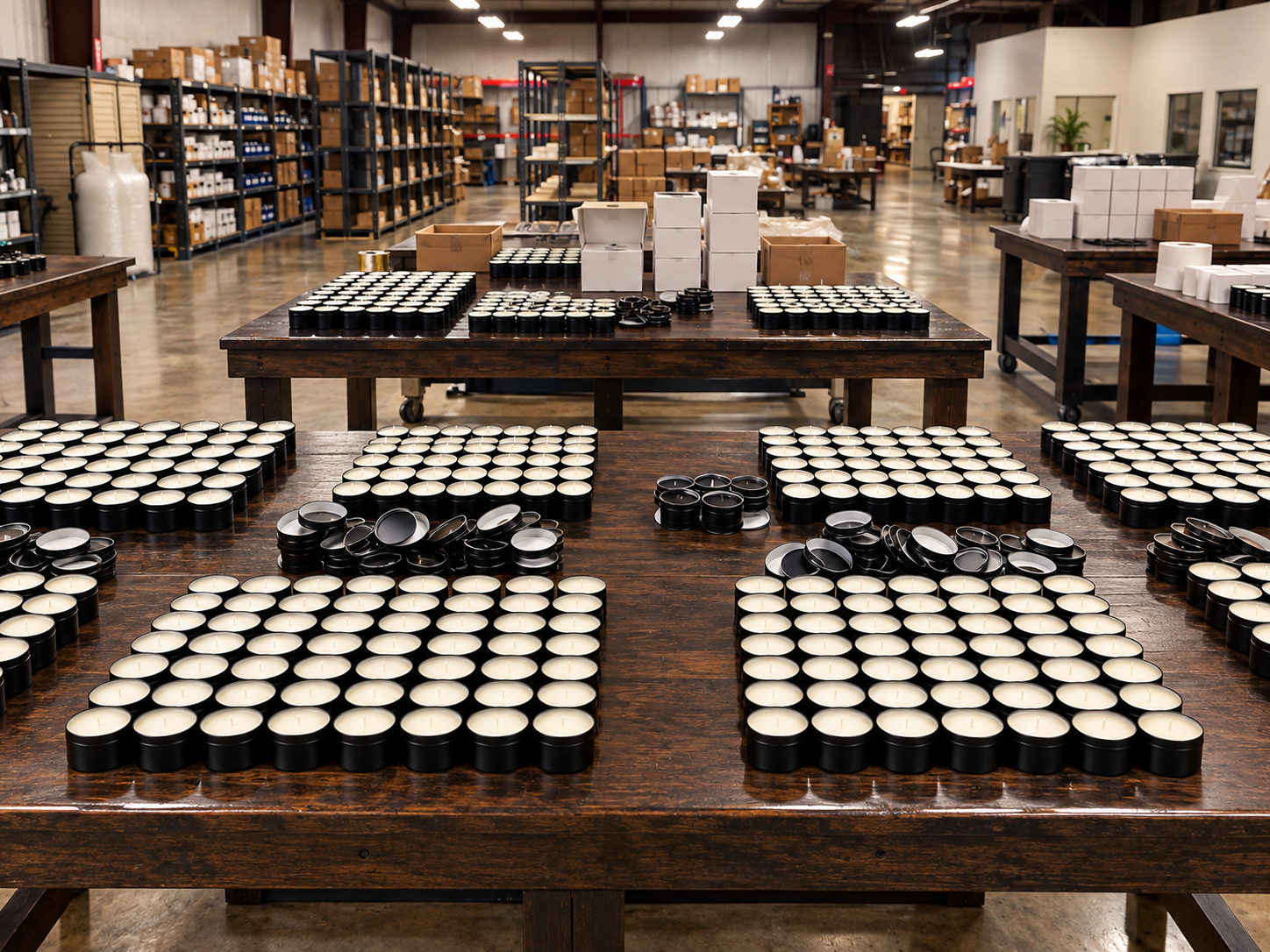 Rows of finished candles and packaging organized across the packing warehouse tables