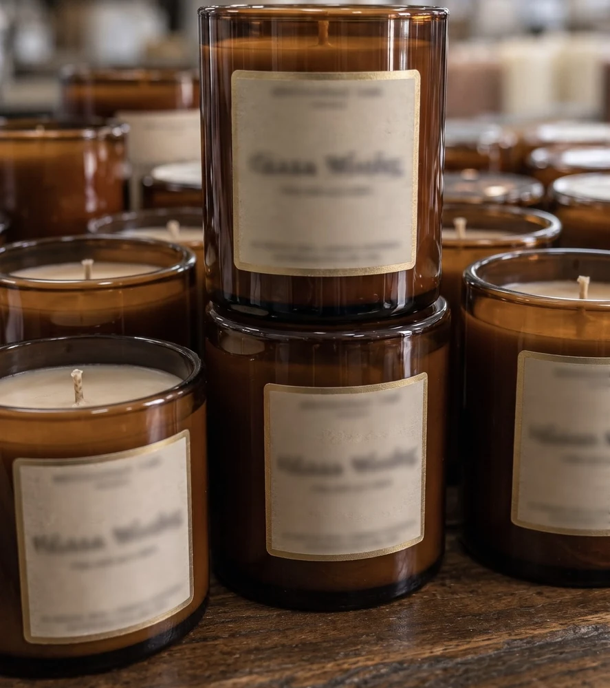 Amber glass candles with kraft labels on a wooden studio table