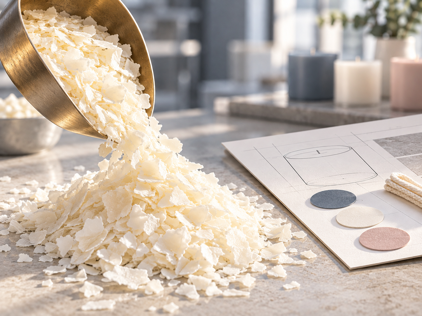 Soy wax flakes poured beside a candle spec sheet with color and wick samples