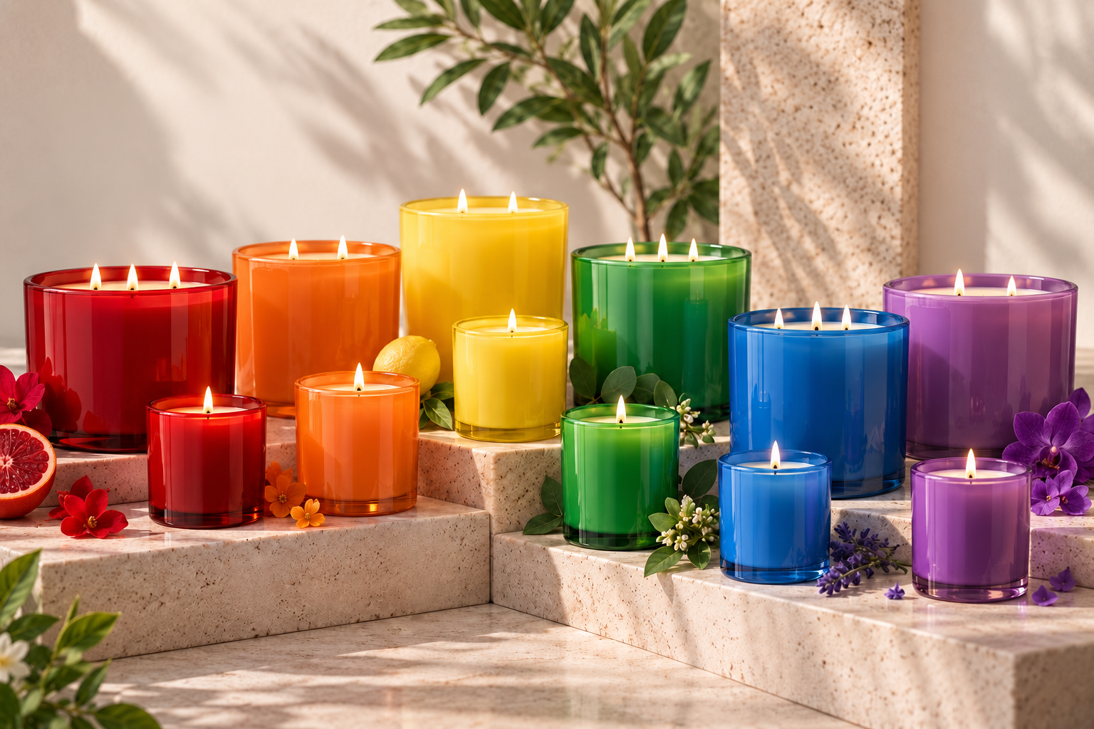 Colorful private label candles in custom branded glass vessels