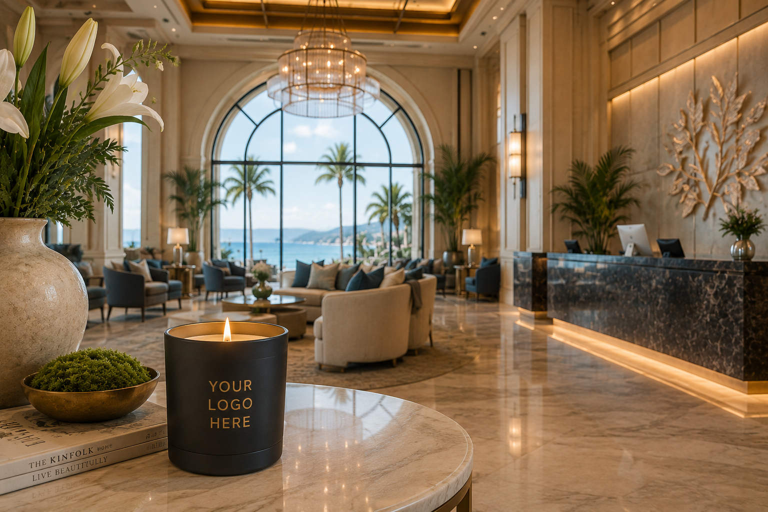 Branded candle in a grand hotel lobby setting