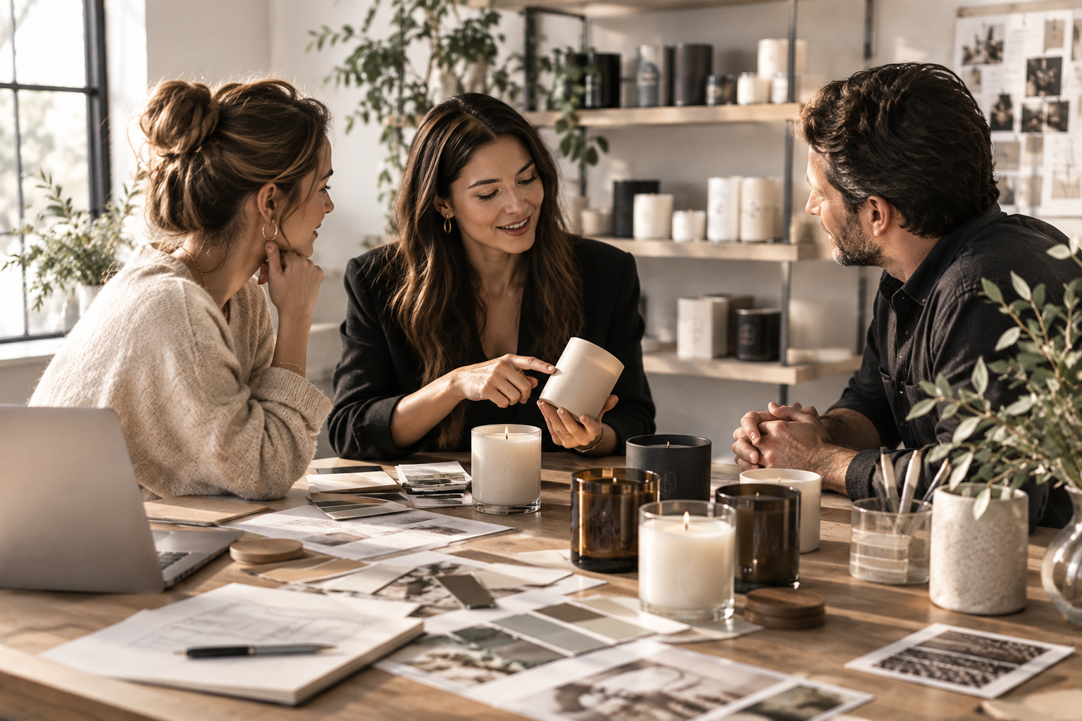 Team reviewing candle samples, vessels and packaging around a studio table