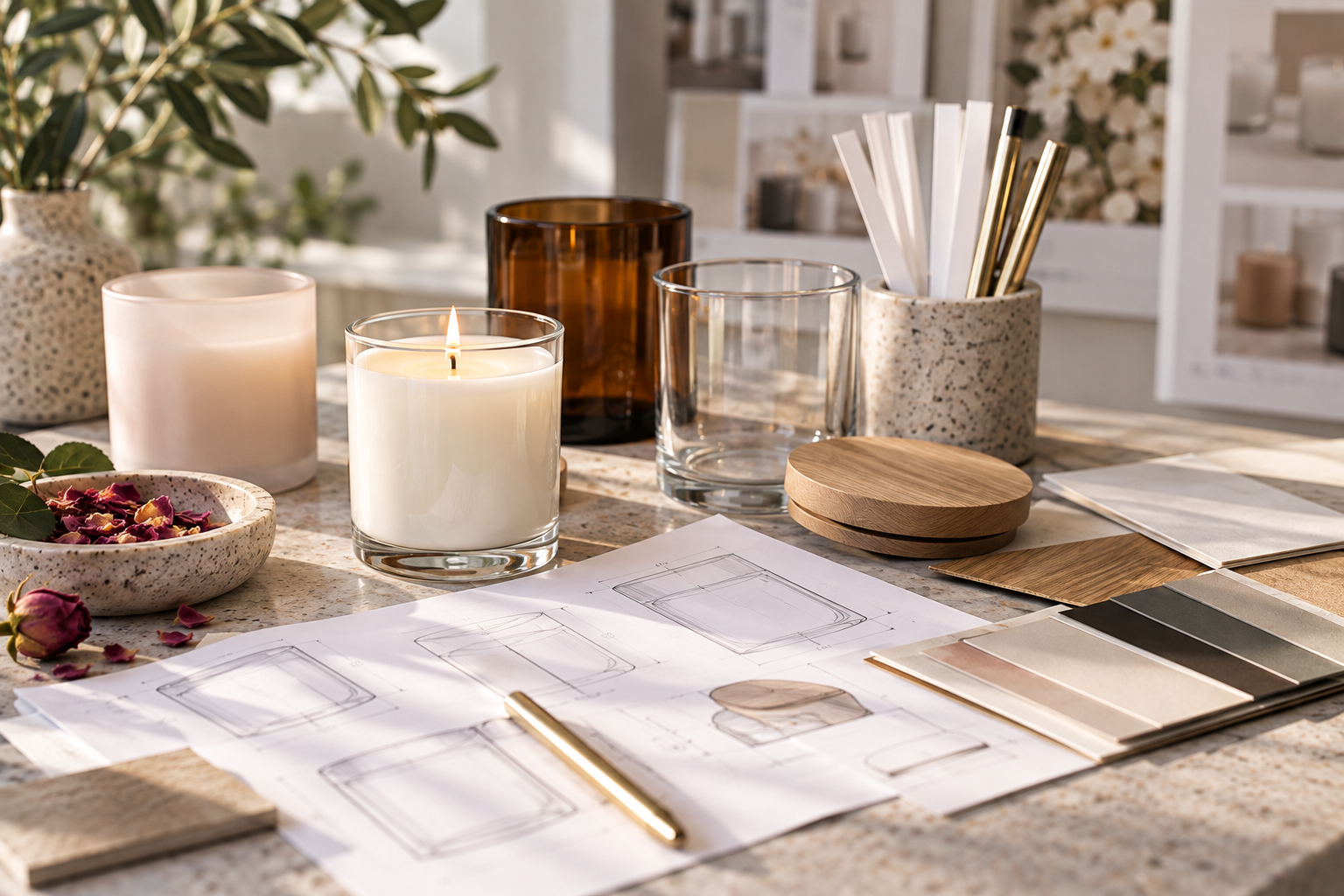 A lit candle beside glass vessels, wood lids, swatch cards and design sketches of candle packaging