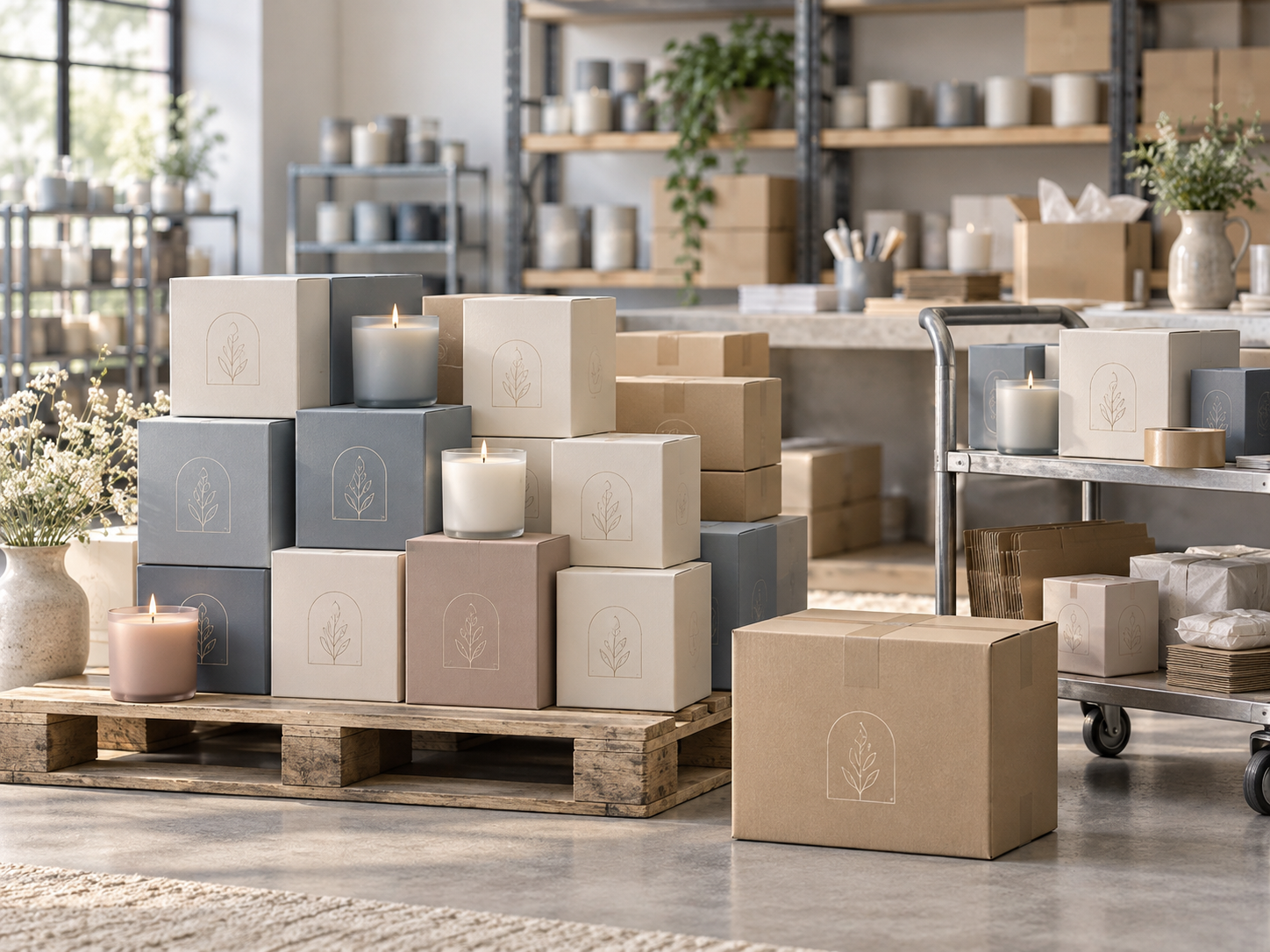 Branded candle boxes stacked on a pallet ready to ship