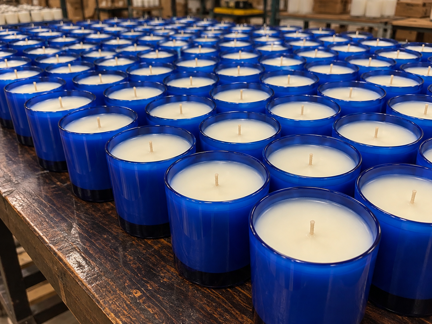 Rows of blue glass candles with freshly poured wax on the workshop table
