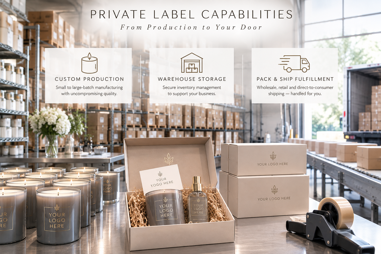 Private Label Capabilities: custom production, warehouse storage, and pack & ship fulfillment