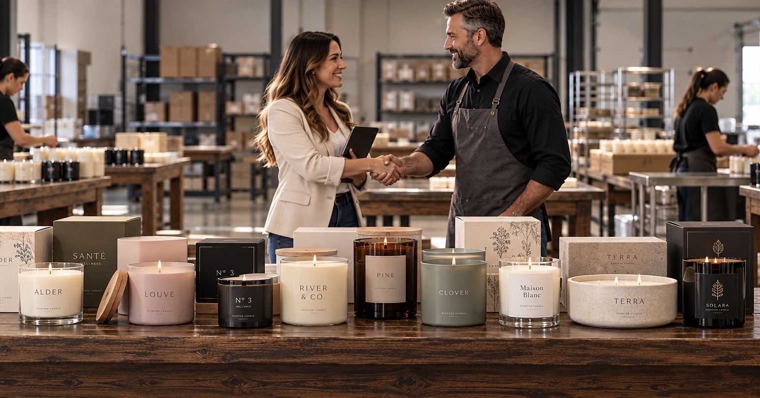 Brand partners shaking hands on a production floor lined with finished private label candles
