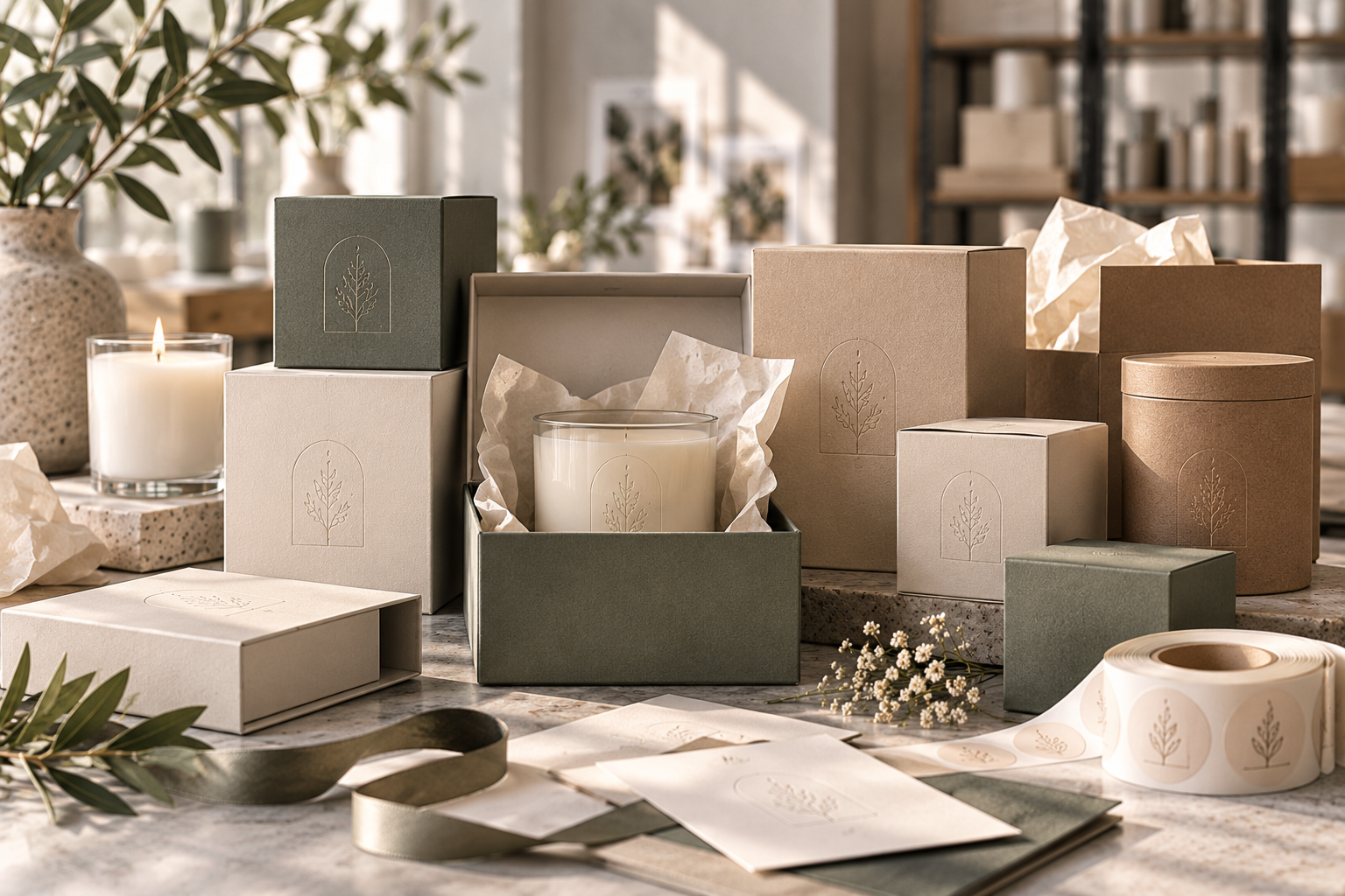 An assortment of kraft and green gift boxes, candle vessels, ribbon and label rolls arranged on a marble counter