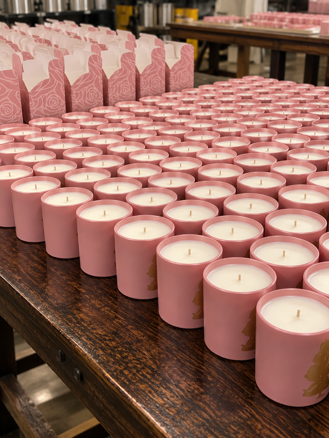 Rows of pink candles with gold accents on the workshop table
