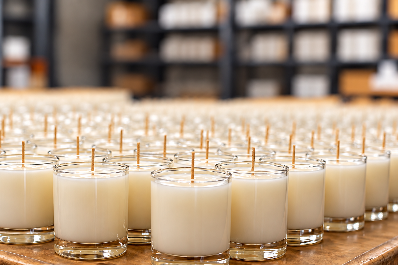 Glass vessels with wooden wicks setting after a fresh pour
