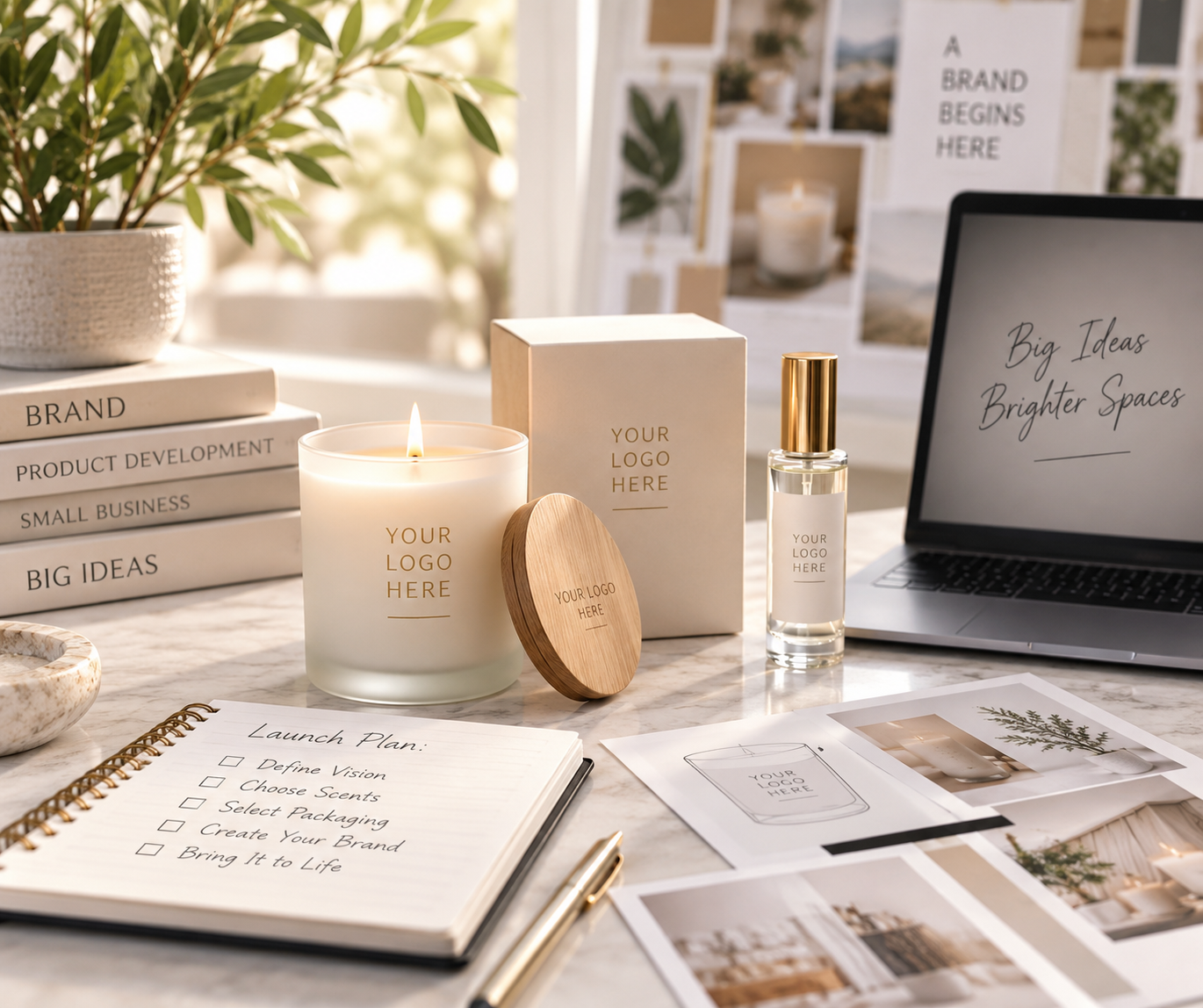 Branded candle, gift box and perfume mockups on a desk with a brand launch plan