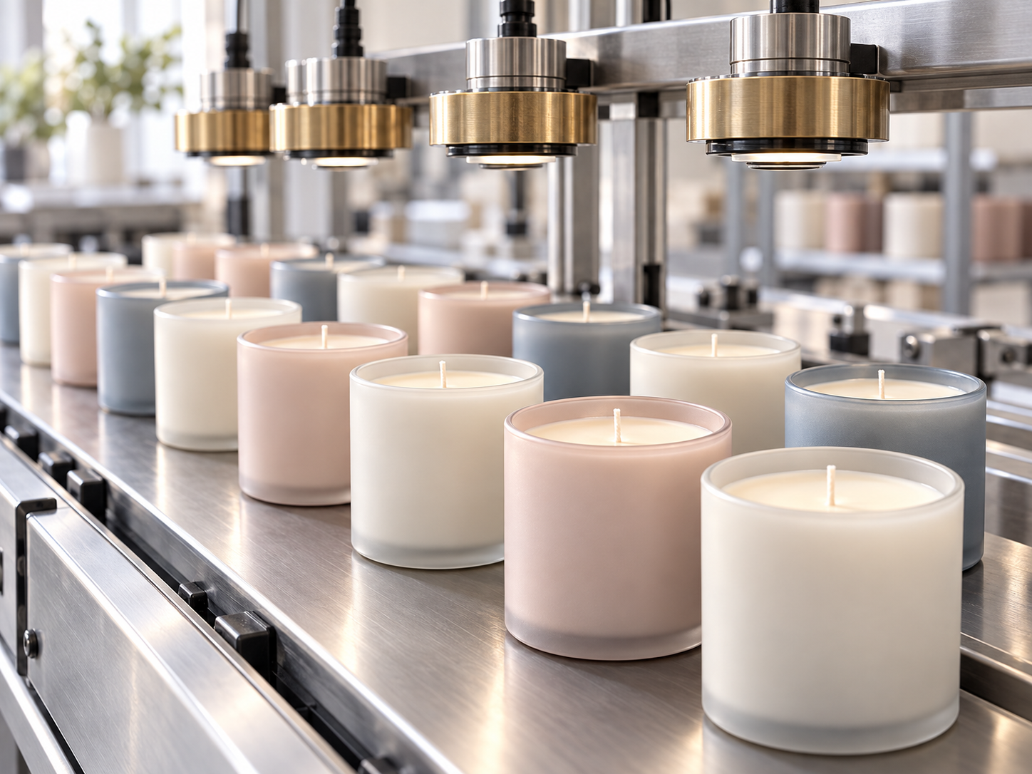 Rows of freshly poured candles moving along the production line