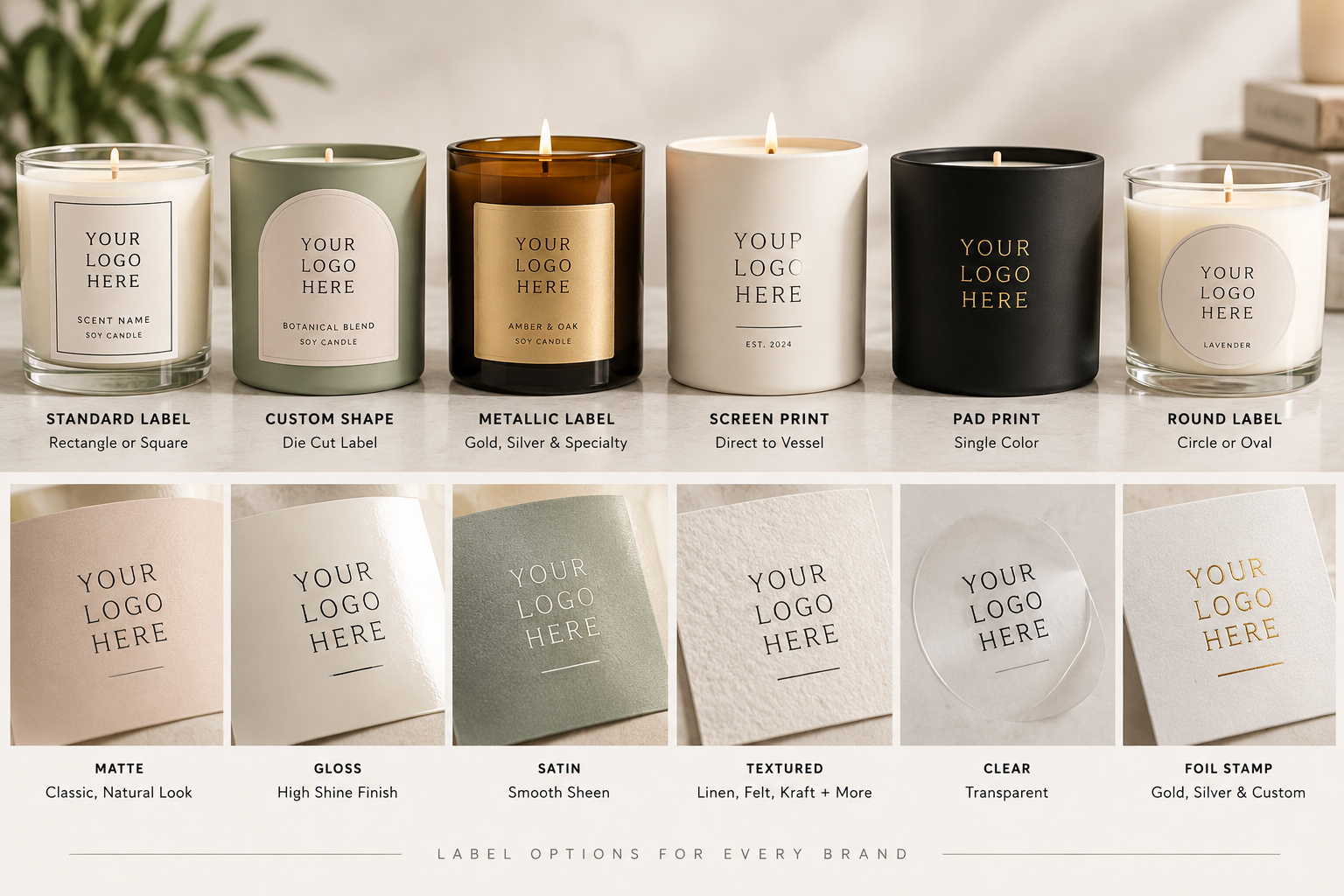 Label options: standard label, custom shape, metallic label, screen print, pad print, round label, and matte, gloss, satin, textured, clear and foil stamp finishes