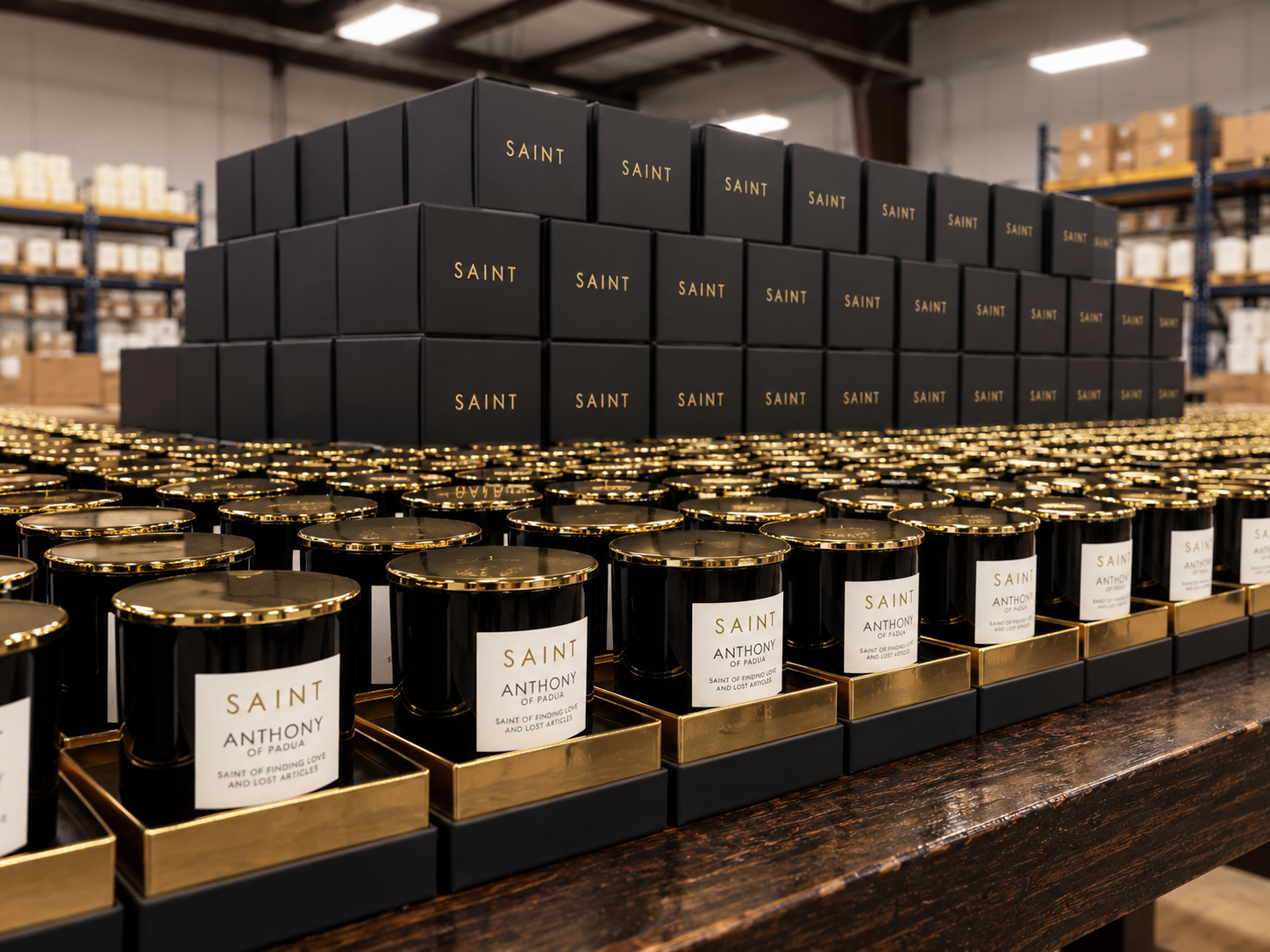 A branded private label candle line boxed and ready on the production line