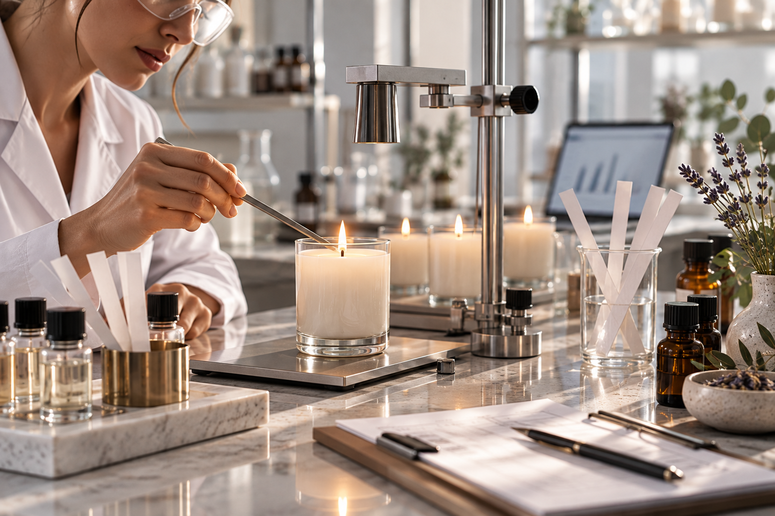 A technician in a lab coat measuring a burning candle surrounded by fragrance vials and burn-test supplies