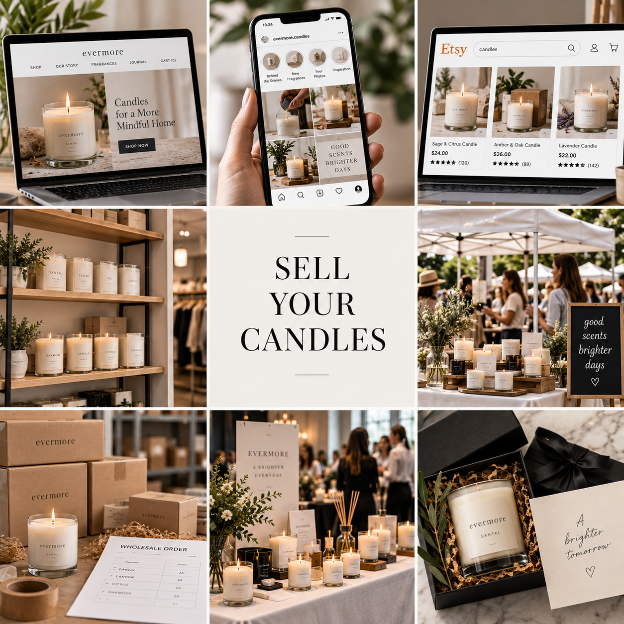 A collage of candle brand sales channels — a website on a laptop, Instagram on a phone, an Etsy storefront, retail shelves, a market booth, wholesale orders and gift packaging