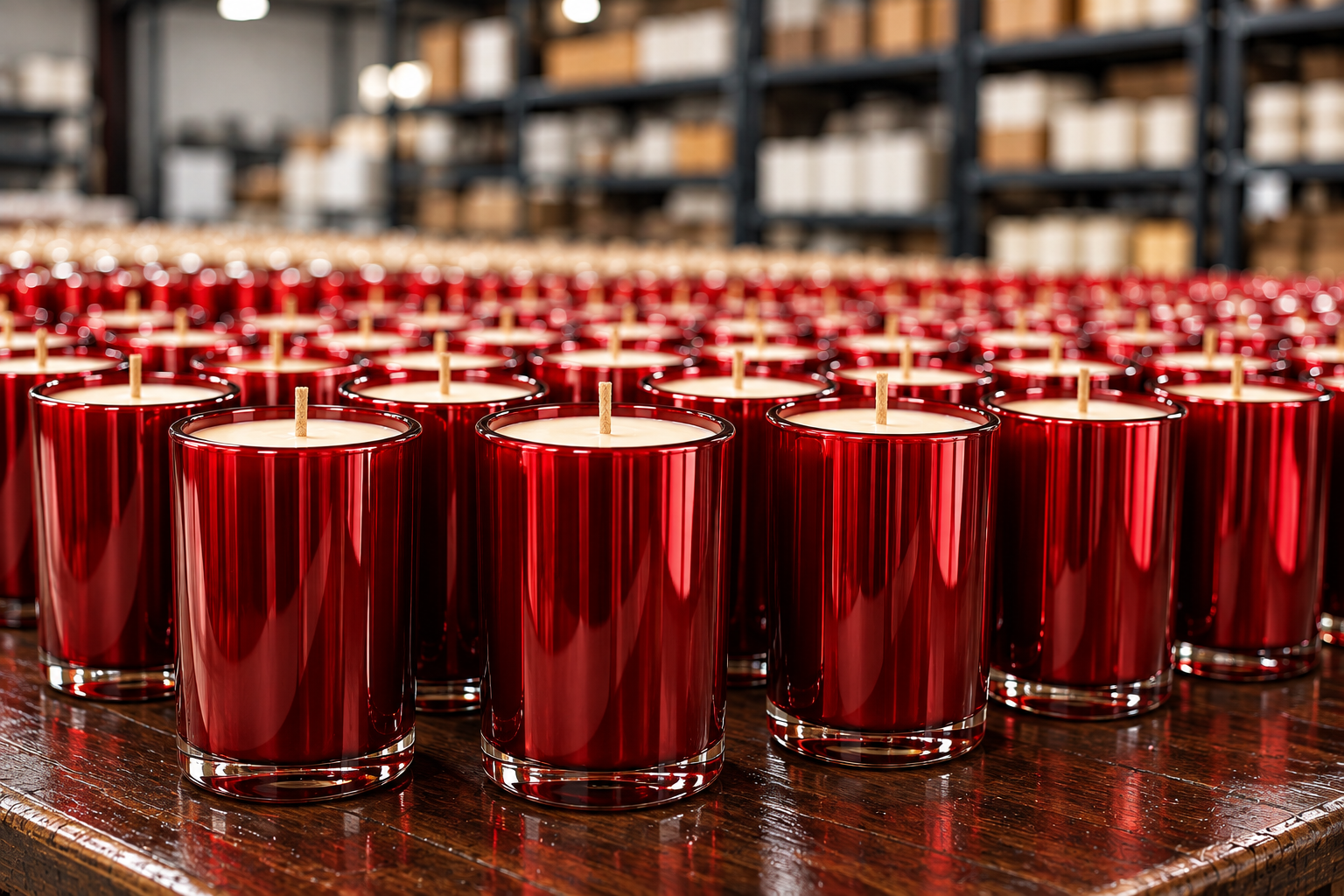 Rows of glossy ruby red candles glowing on the warehouse work table