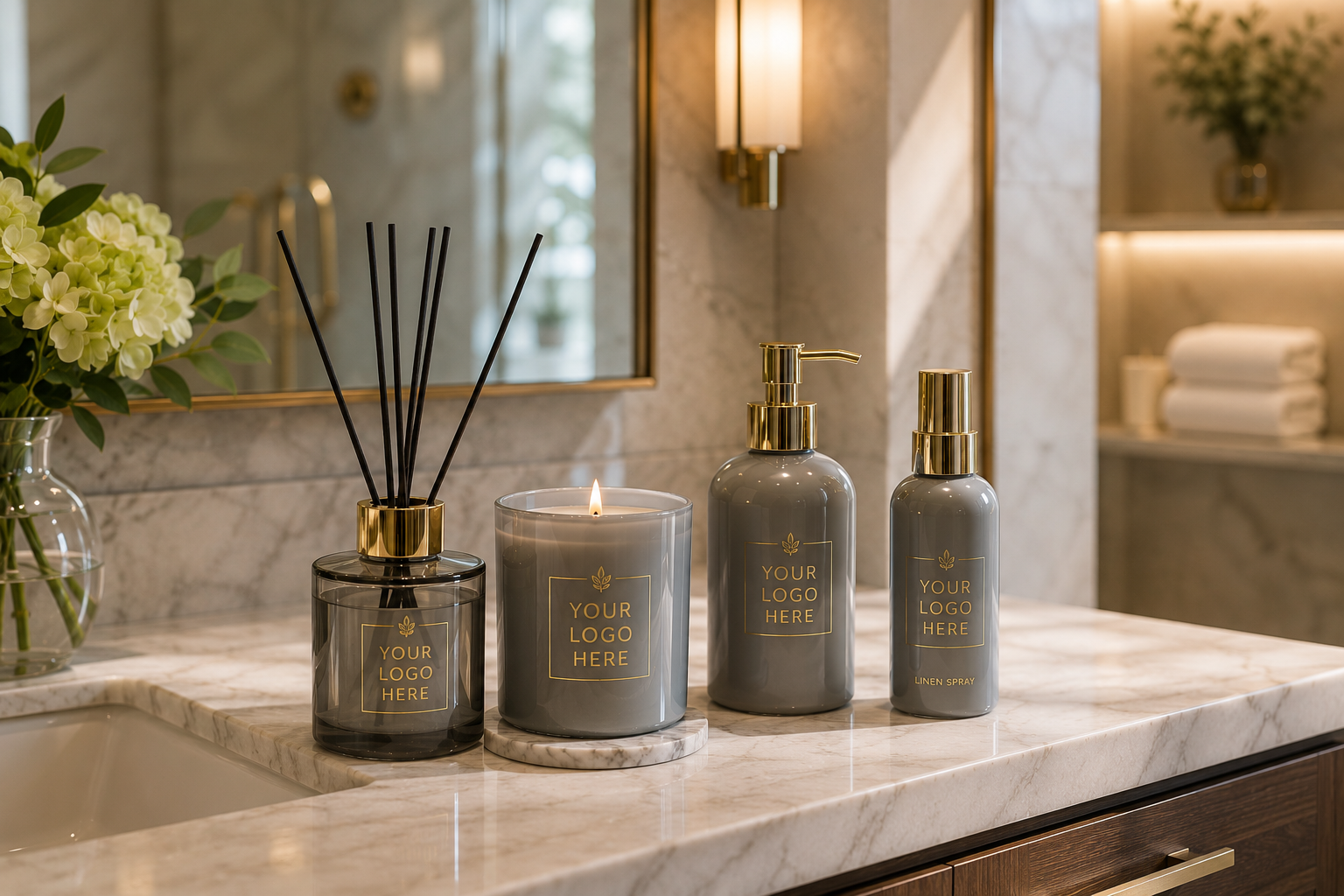 Custom branded bathroom amenities including candle, diffuser and sprays