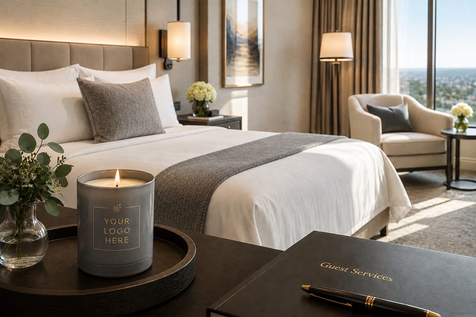 Branded candle styled on a tray in a luxury hotel room