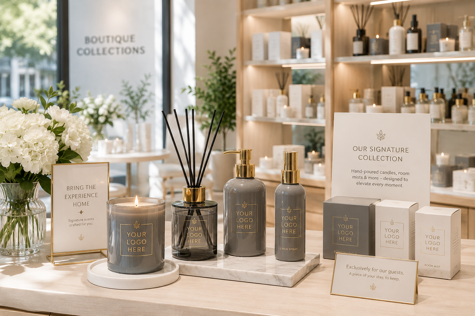 Boutique retail display of branded candles, diffusers and room sprays