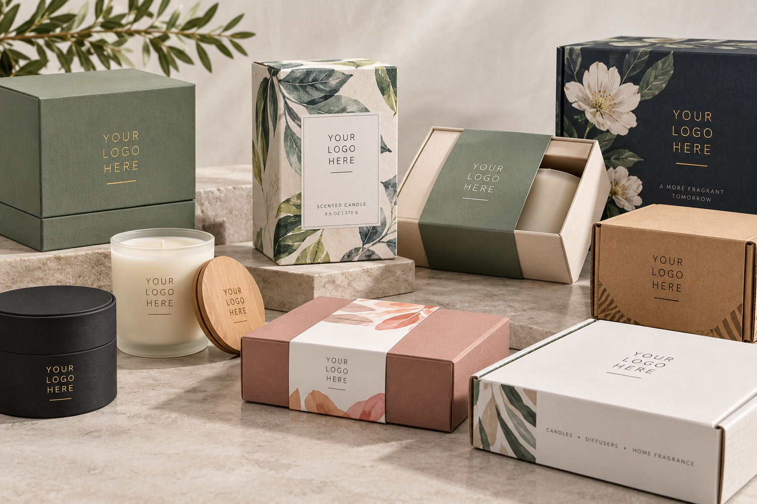 Custom candle packaging, boxes and branded labels on a neutral backdrop