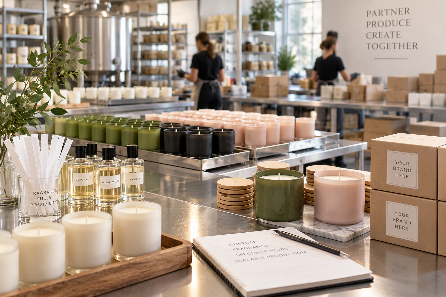 Candle production floor with poured candles, fragrance samples and branded shipping boxes