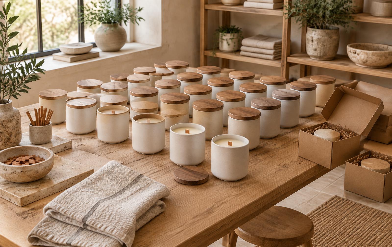 A small first production batch of cream ceramic candles with wooden lids arranged in rows on warm travertine stone, beside a notebook with a handwritten tally and kraft packaging boxes