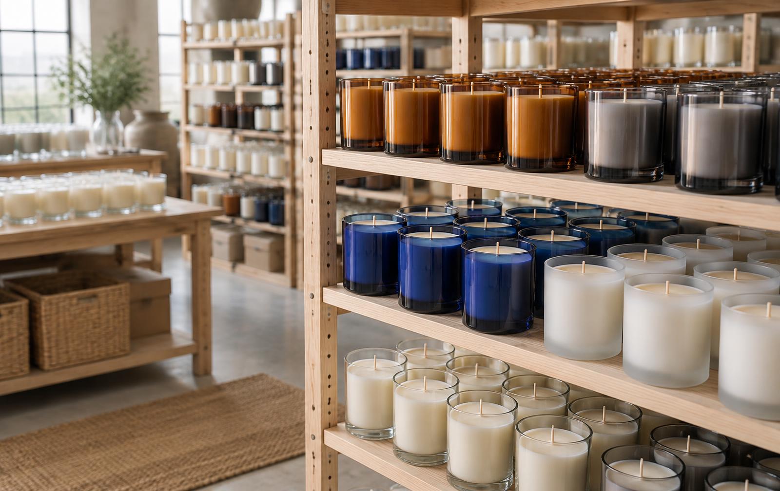 Rows of finished candles in clear, frosted, smoked, amber and cobalt glass vessels on inventory shelves in a bright candle manufacturing warehouse