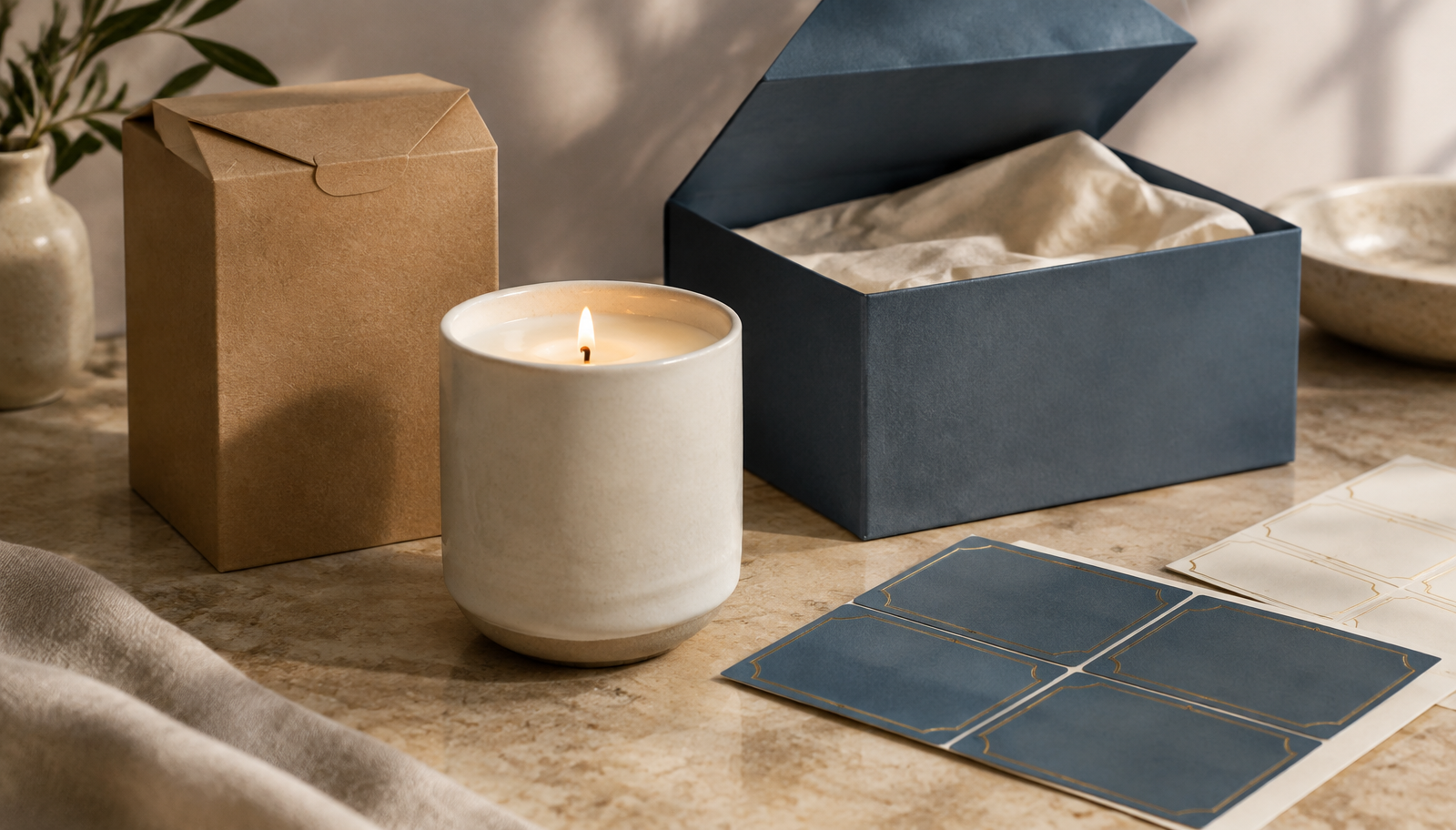 A ceramic candle beside a kraft carton, a rigid gift box with tissue and foil-stamped label sheets