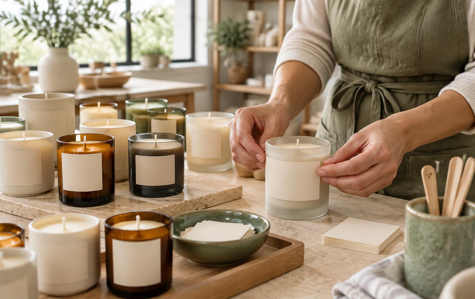 Rows of finished candles in cream ceramic and amber, smoked and frosted glass vessels with blank labels, a pair of hands applying a label in a bright candle workshop