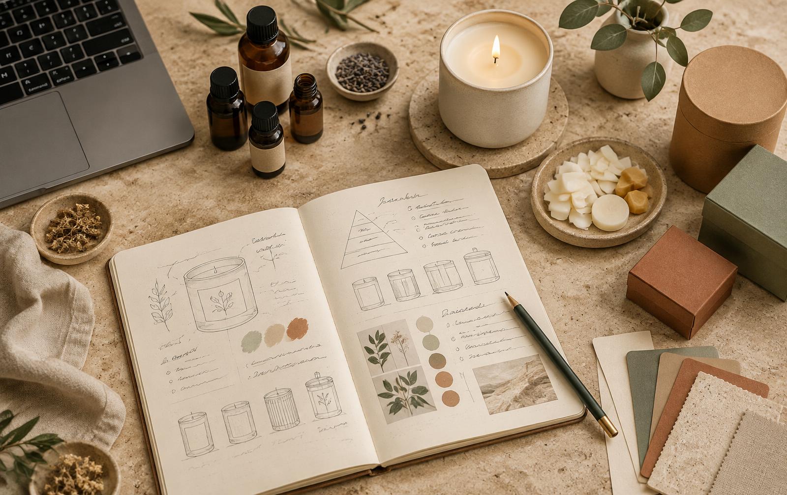 A notebook with candle brand sketches and plans surrounded by fragrance oil bottles, wax samples, a lit ceramic candle and packaging swatches on warm stone